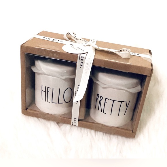 Rae Dunn by Magenta HELLO PRETTY Ceramic 2pc Mini Canisters w/black heart topper - Picture 4 of 7